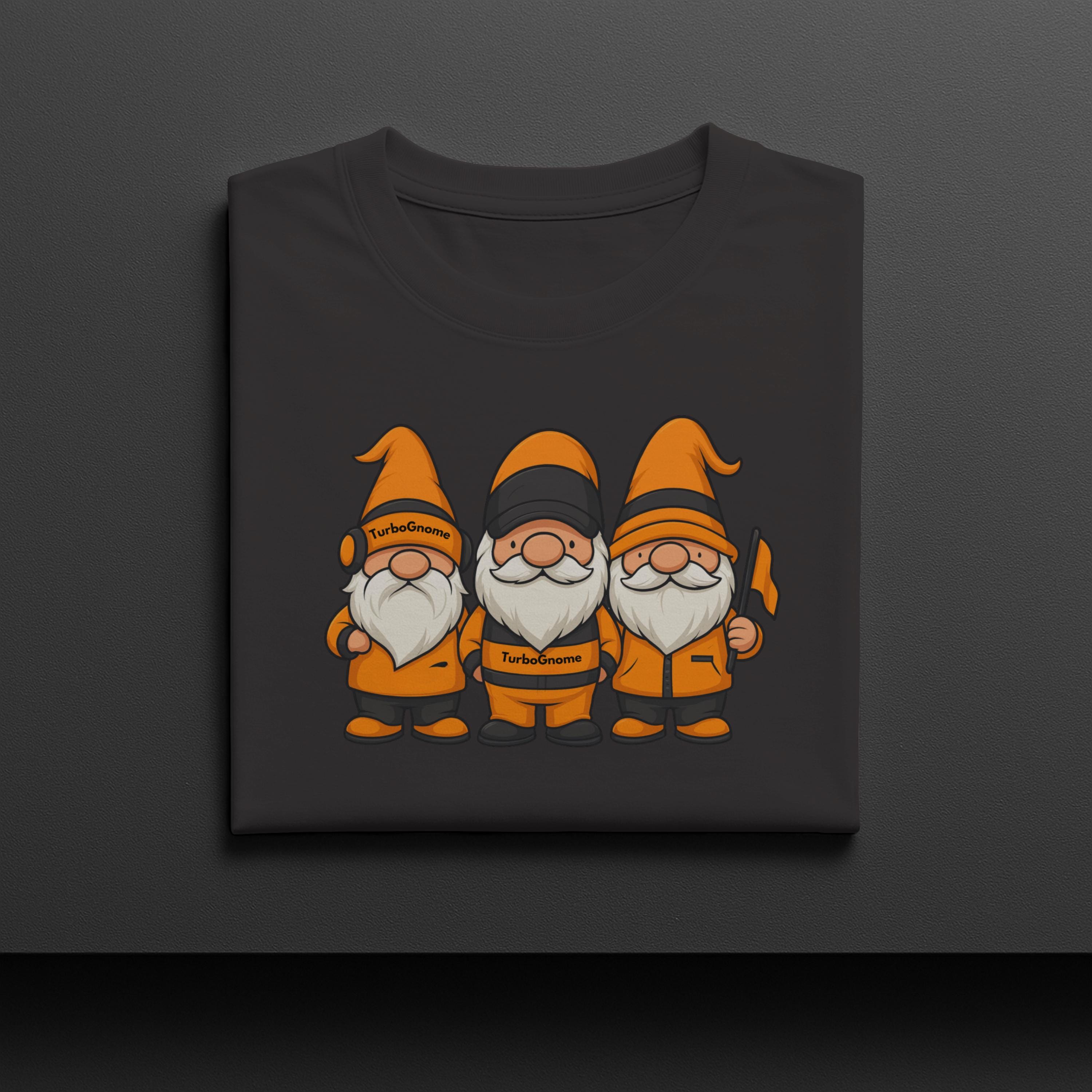 Orange and Black Racing Gnomes T-Shirt: Funny Formula Fan Apparel