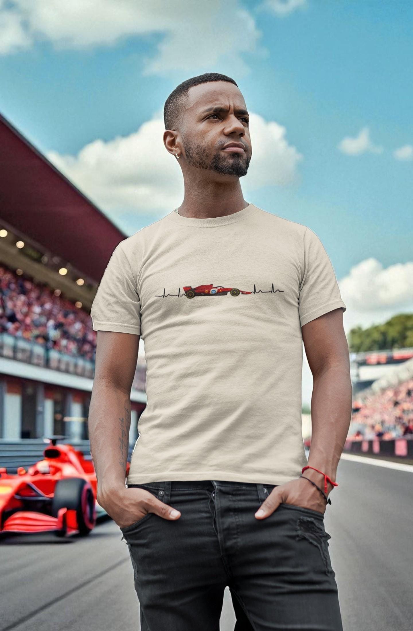 Red Formula car Heartbeat T-Shirt:  Racing Graphic Tee, 100% Cotton