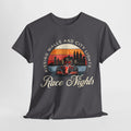 Black t-shirt with a graphic of a race car and cityscape, text 'Kissing Walls and City Lights.