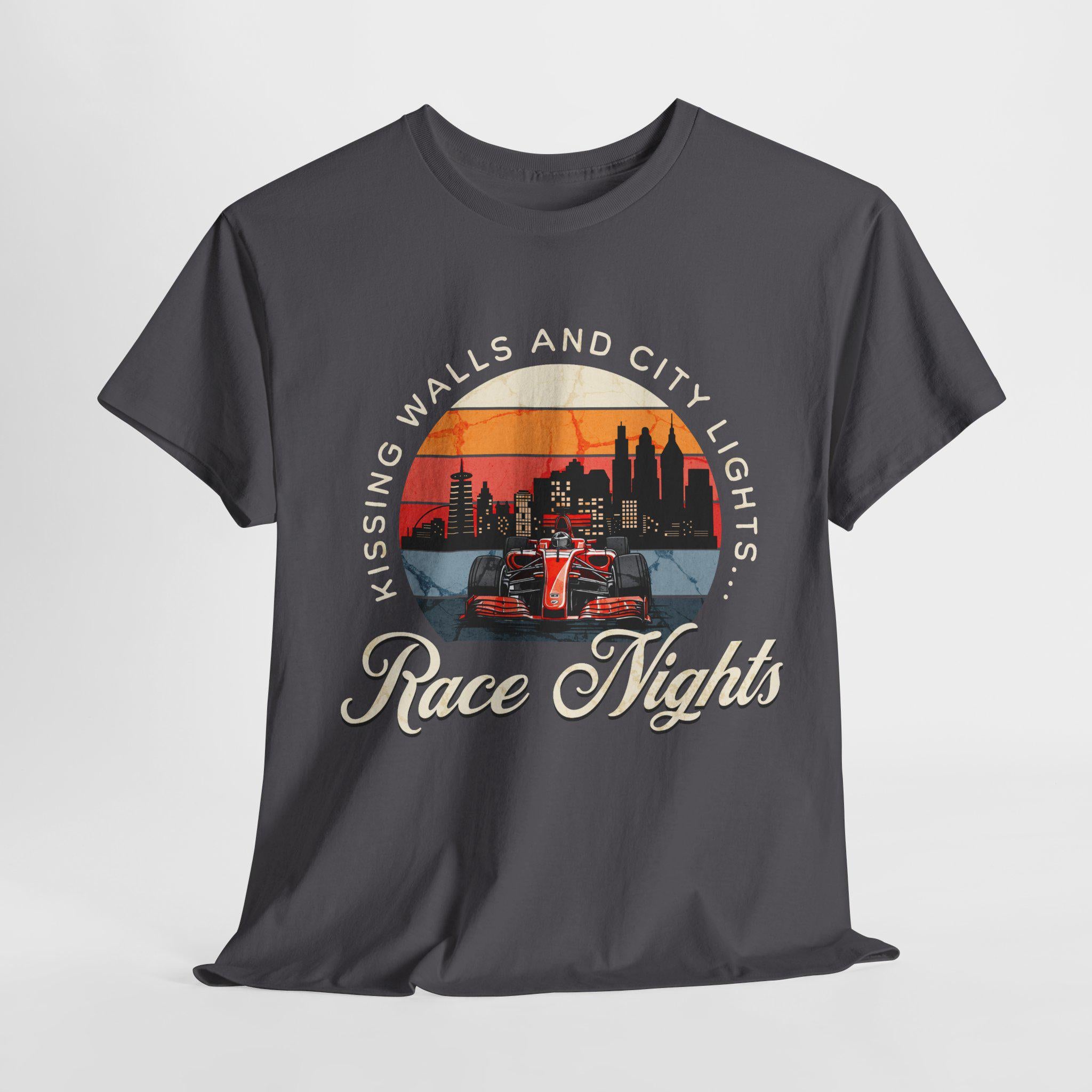 Black t-shirt with a graphic of a race car and cityscape, text 'Kissing Walls and City Lights.