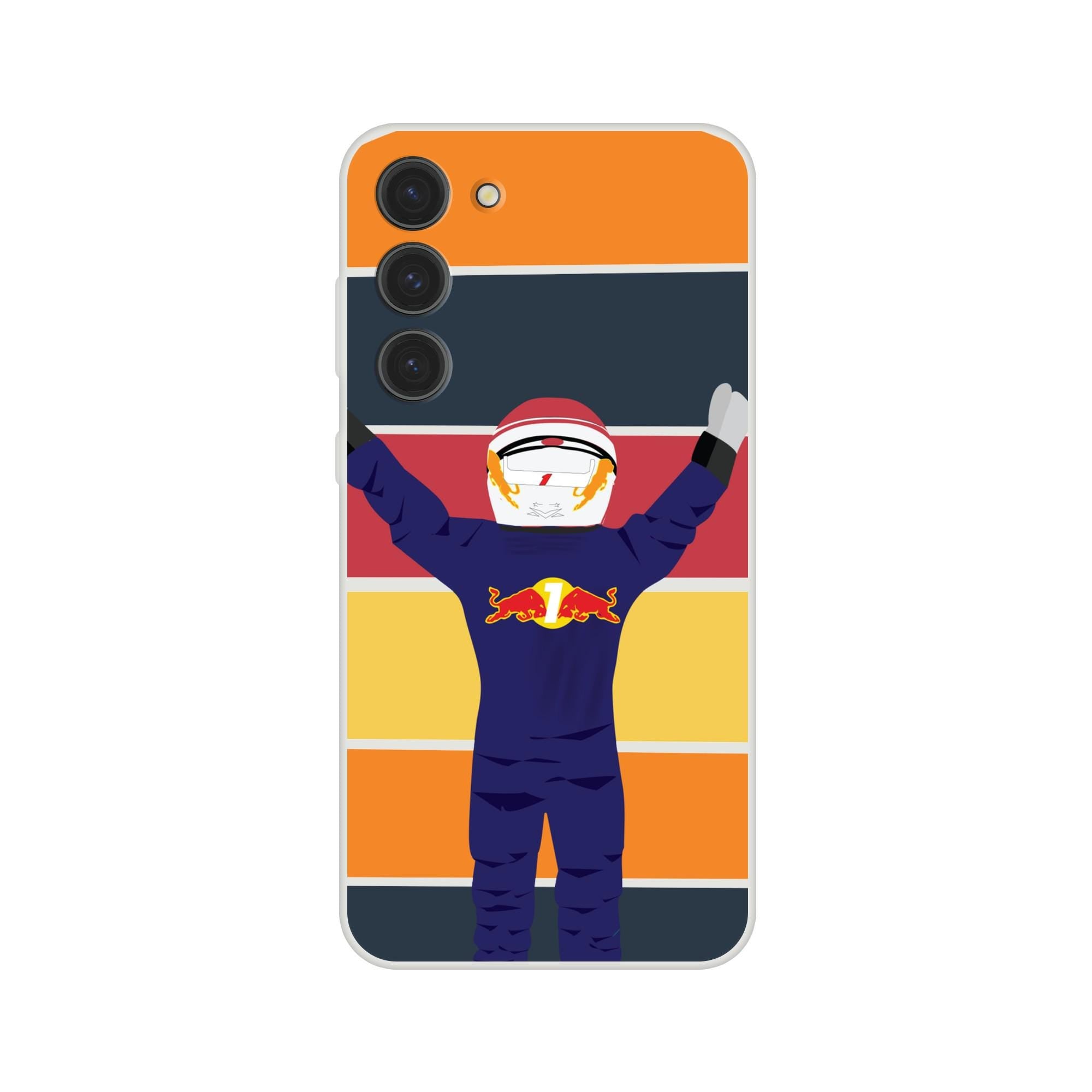 Phone case with a design of a f1 driver in a blue suit with a red bull logo on an orange, black, and yellow striped background.