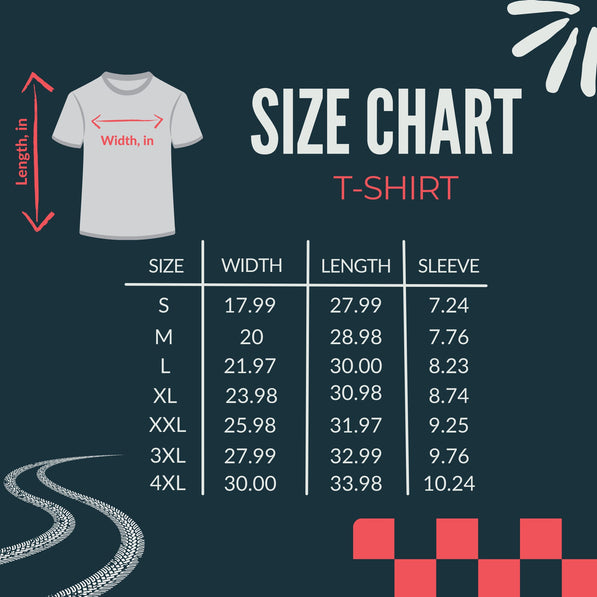 T-shirt size chart with dimensions on a dark blue background