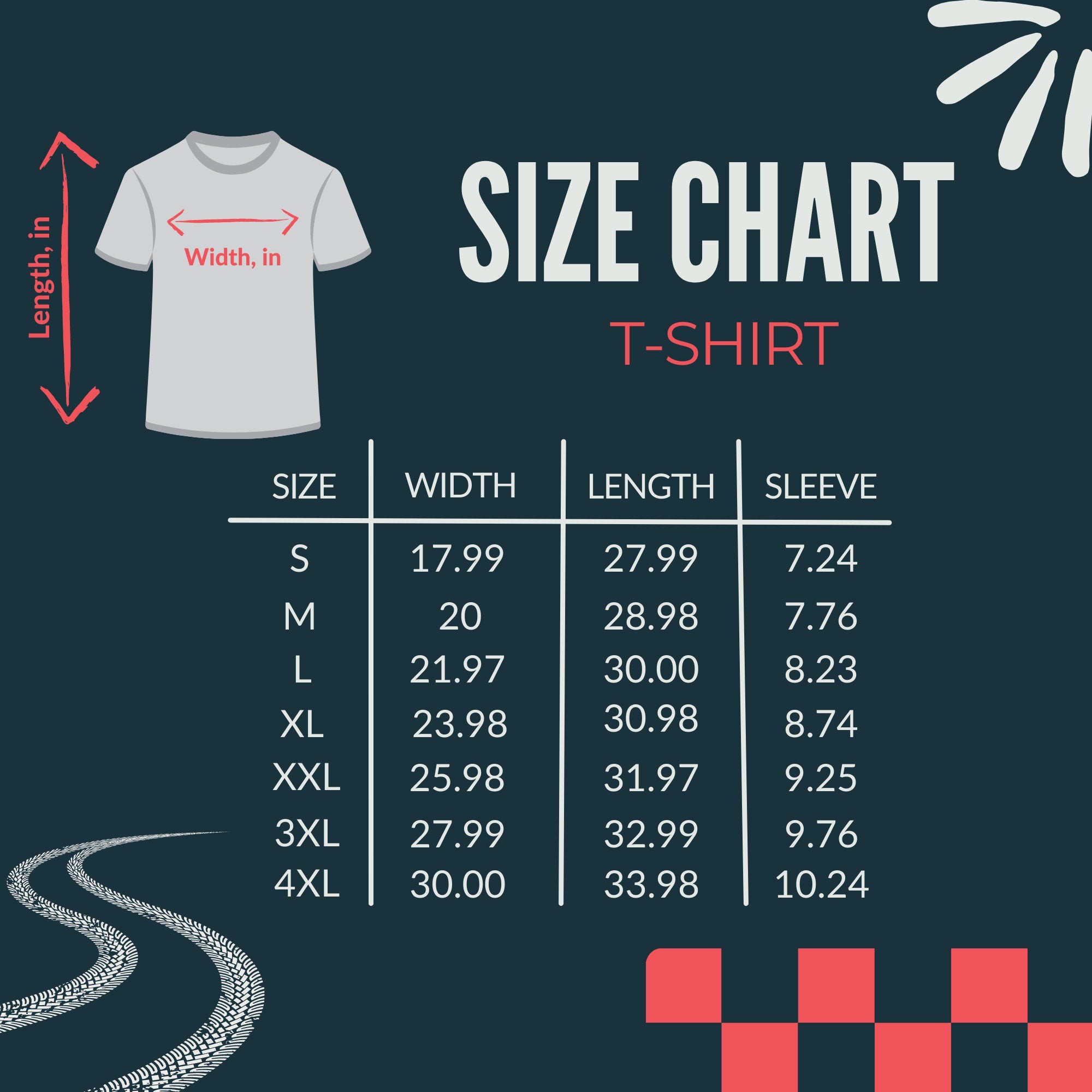 T-shirt size chart with dimensions on a dark blue background