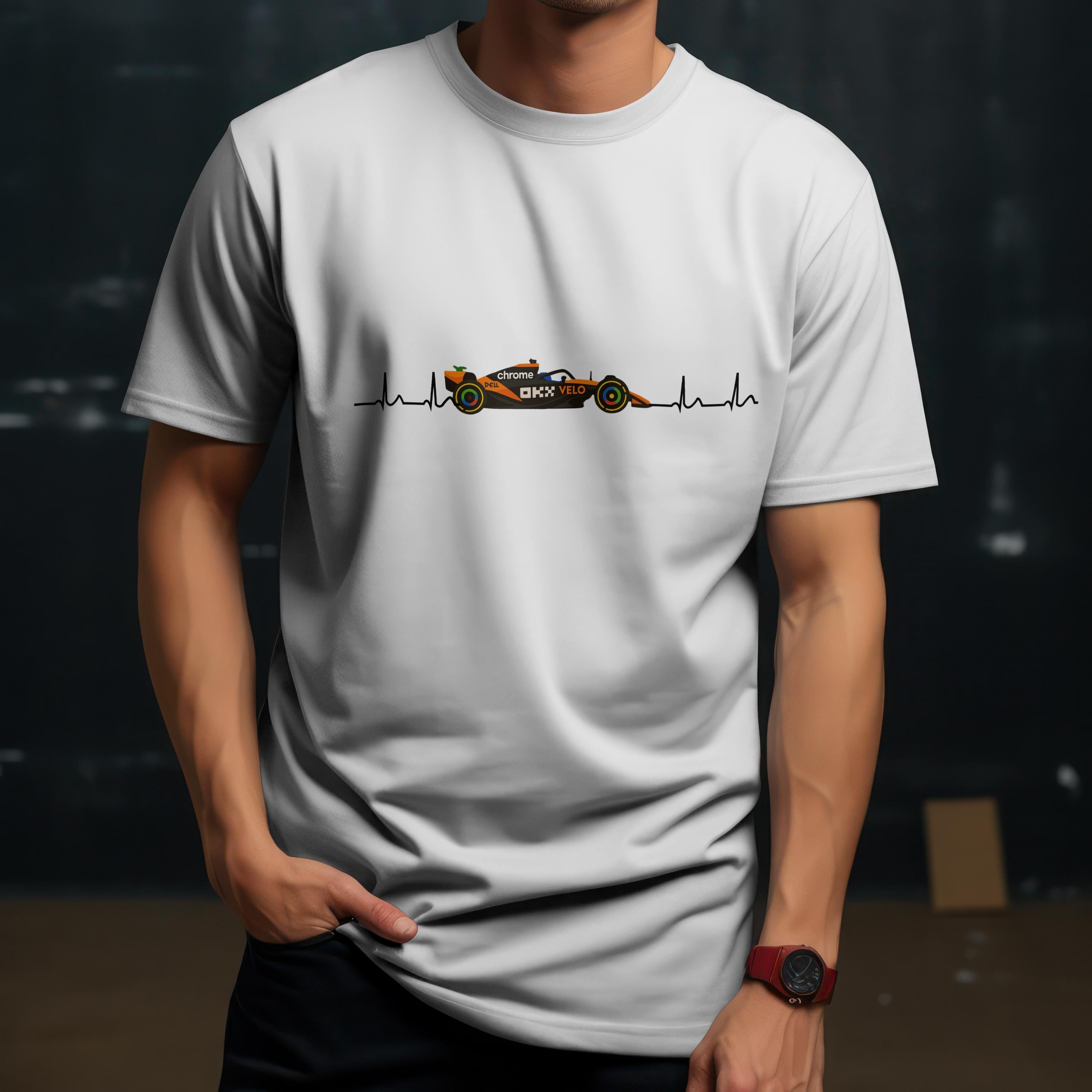 Orange Formula Racing Heartbeat T-Shirt: Papaya Racing Graphic, Motorsport Fan Apparel