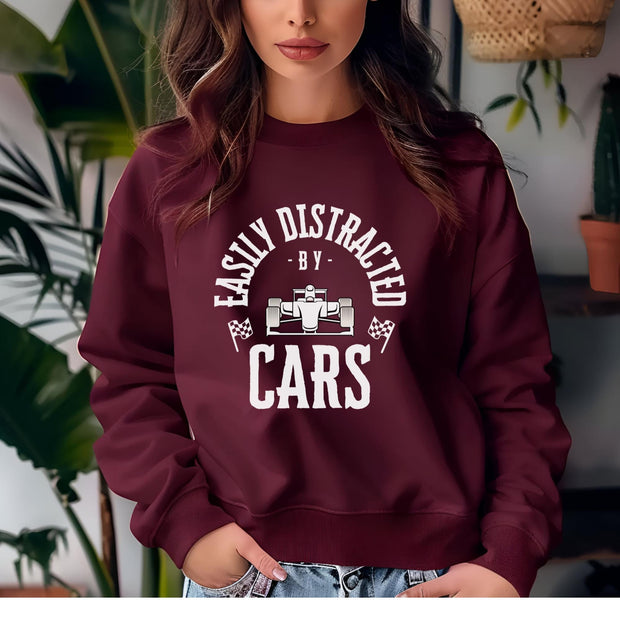 Easily Distracted By Cars Sweatshirt: Funny Racing Crewneck | Car Enthusiast Gift