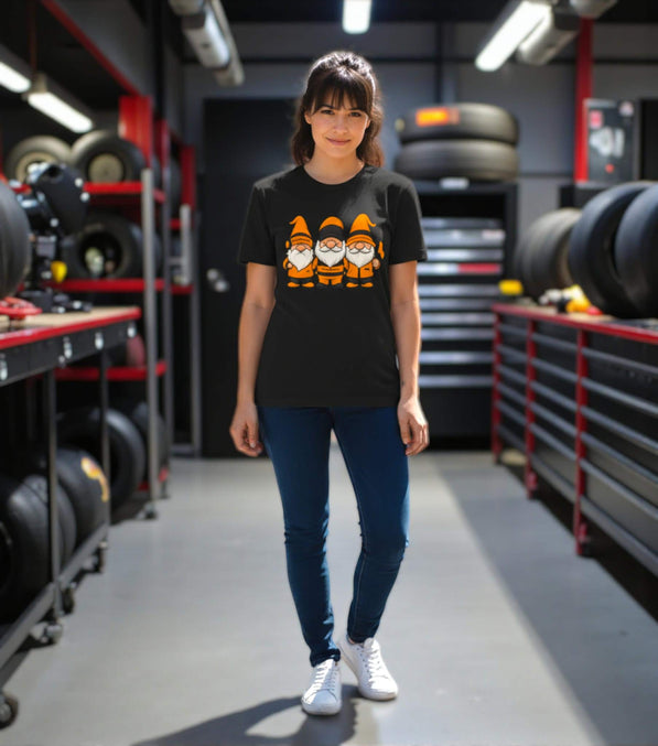 Orange and Black Racing Gnomes T-Shirt: Funny Formula Fan Apparel