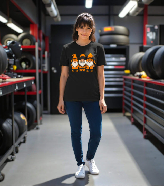 Orange and Black Racing Gnomes T-Shirt: Funny Formula Fan Apparel