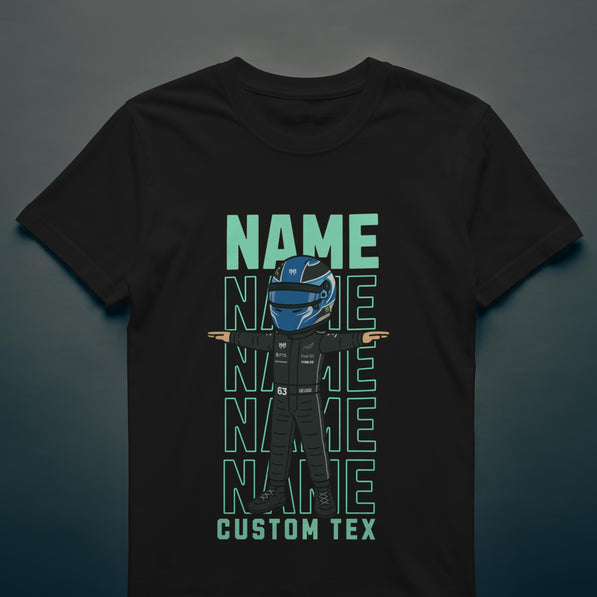 Custom Racing Driver T-Shirt -Personalised Name & Number - Cartoon Racer Tee -Custom Colour Suit Helmet