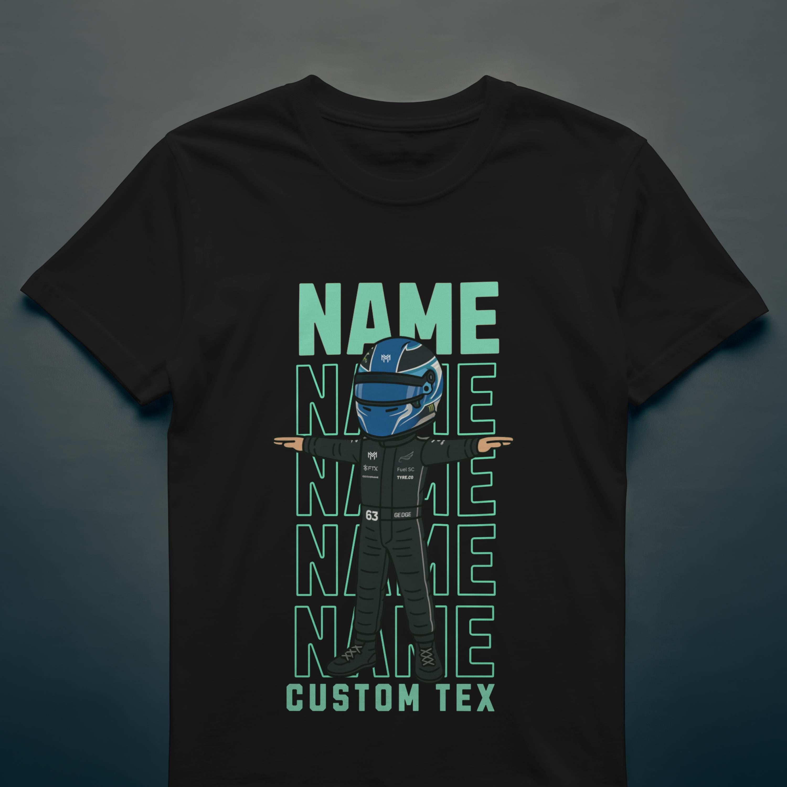 Custom Racing Driver T-Shirt -Personalised Name & Number - Cartoon Racer Tee -Custom Colour Suit Helmet