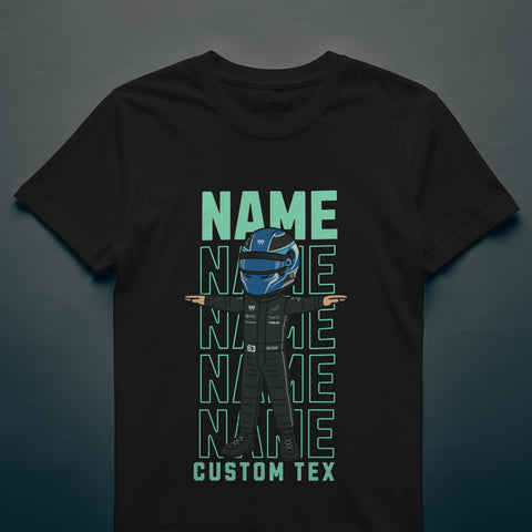 Custom Racing Driver T-Shirt -Personalised Name & Number - Cartoon Racer Tee -Custom Colour Suit Helmet