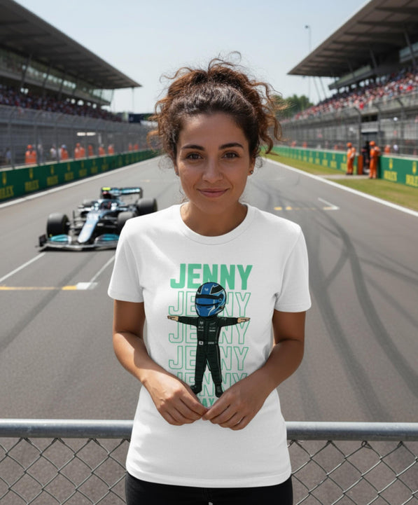 Custom Racing Driver T-Shirt -Personalised Name & Number - Cartoon Racer Tee -Custom Colour Suit Helmet