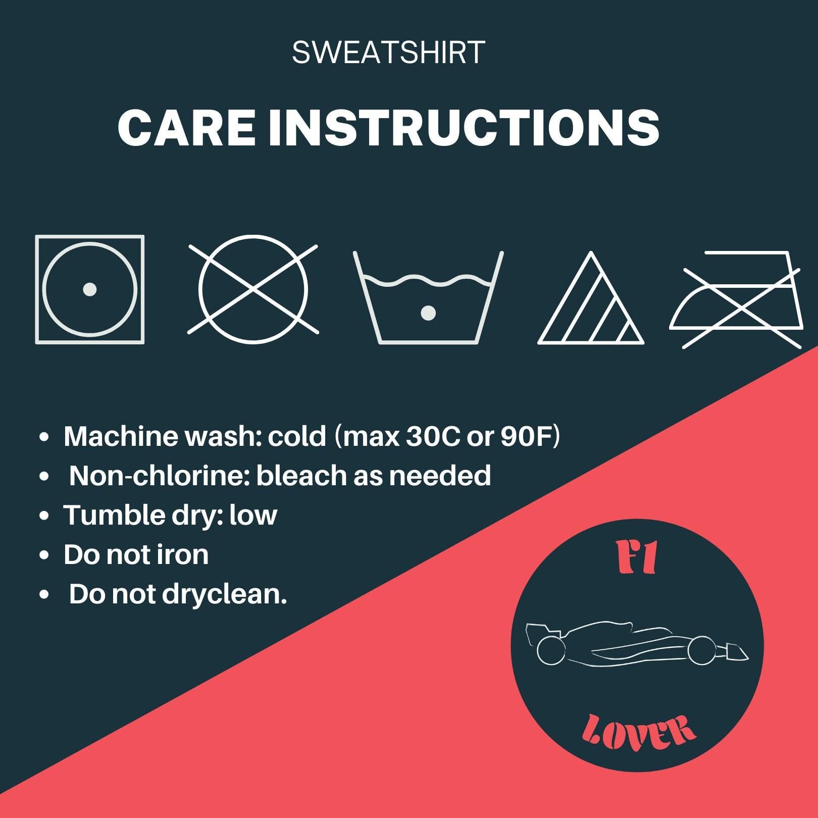 Care instructions for a sweatshirt with symbols and text on a dark blue and red background.