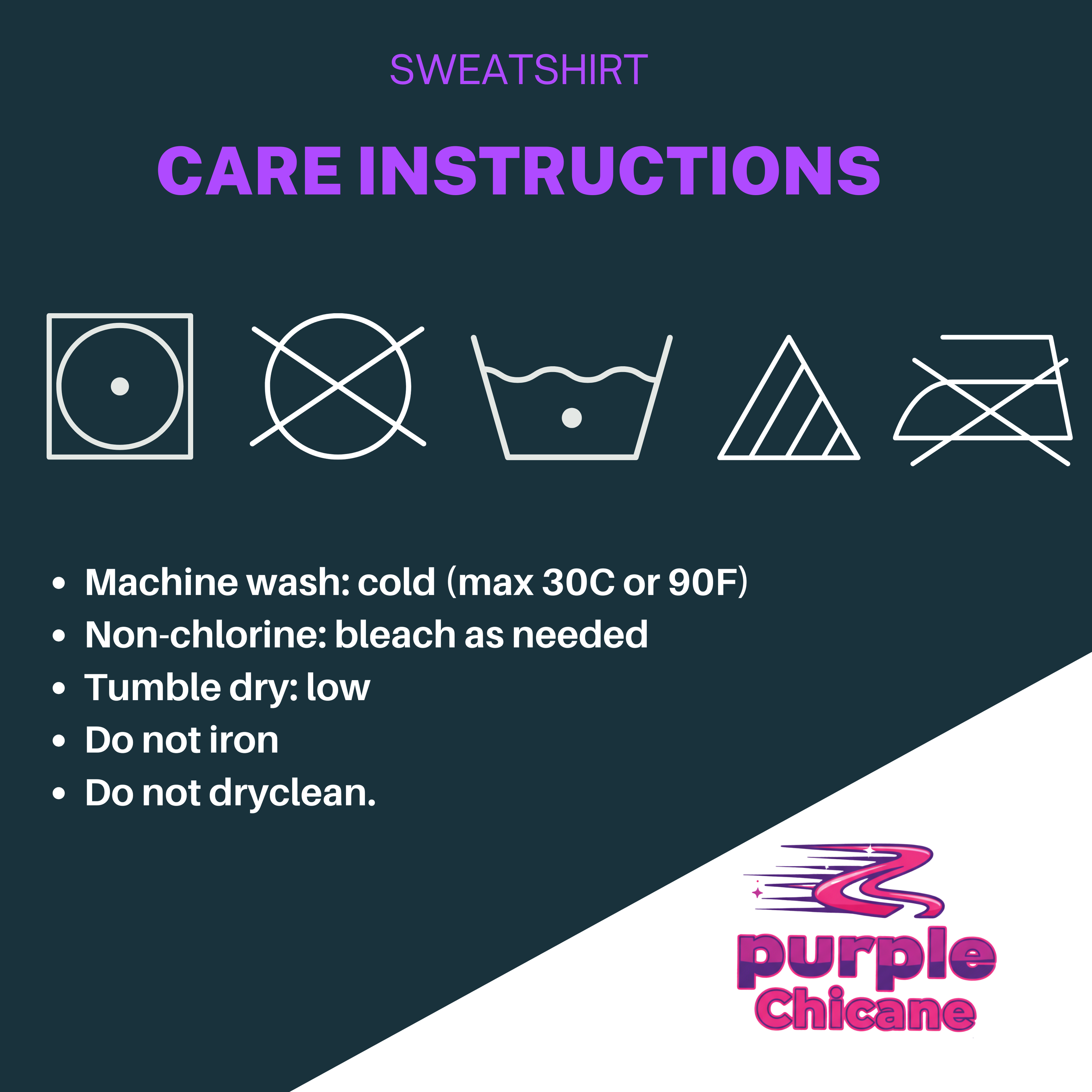 Care instructions for a sweatshirt with washing symbols and text on a dark blue background.