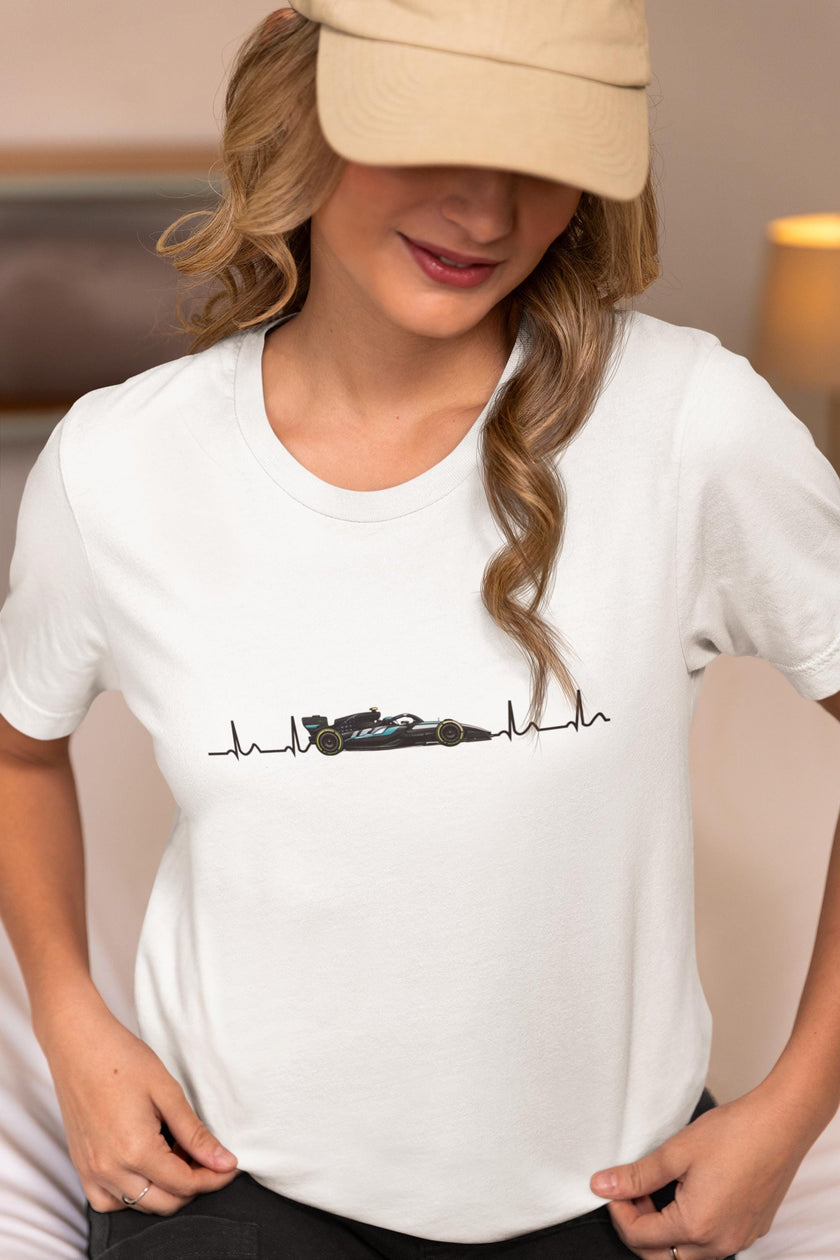 "Mercedes F1 Heartbeat T-shirt lifestyle photo - black Formula 1 racing fan apparel"
