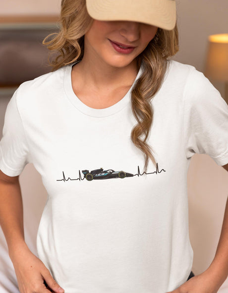 "Mercedes F1 Heartbeat T-shirt lifestyle photo - black Formula 1 racing fan apparel"
