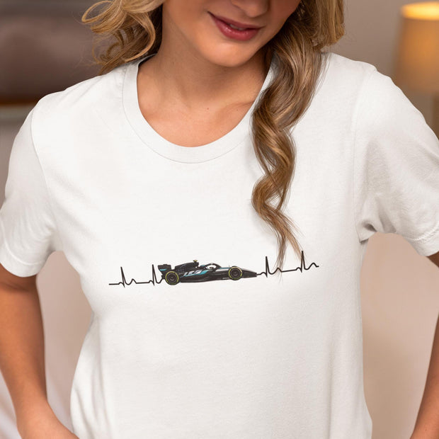 "Mercedes F1 Heartbeat T-shirt lifestyle photo - black Formula 1 racing fan apparel"
