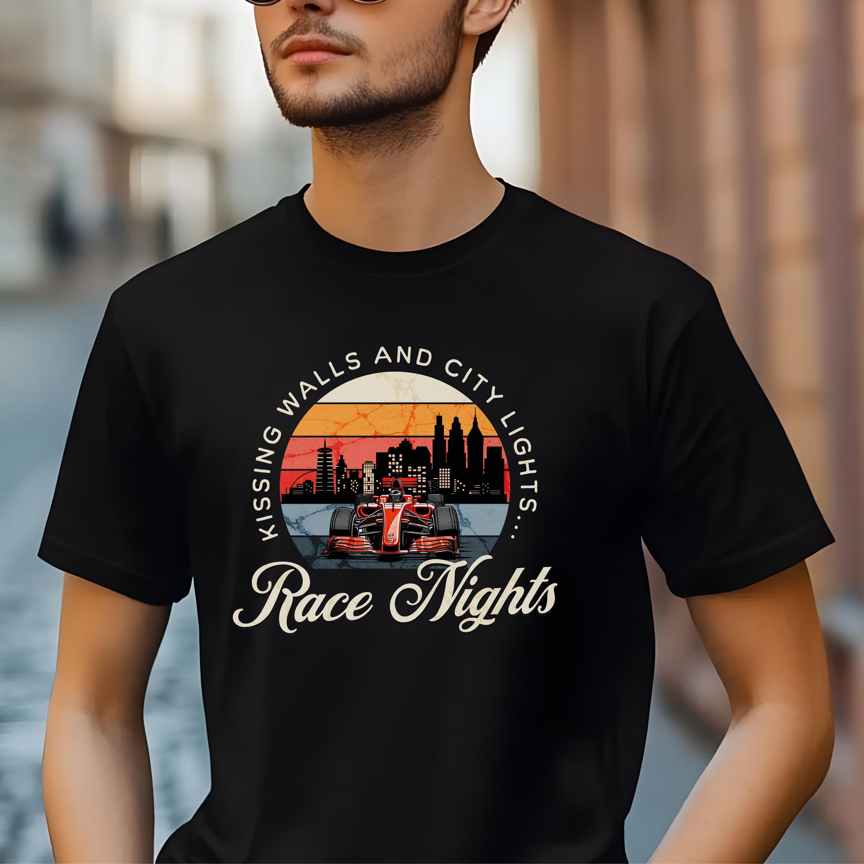 Black t-shirt with 'Kissing Walls and City Lights... Race Nights' graphic design.