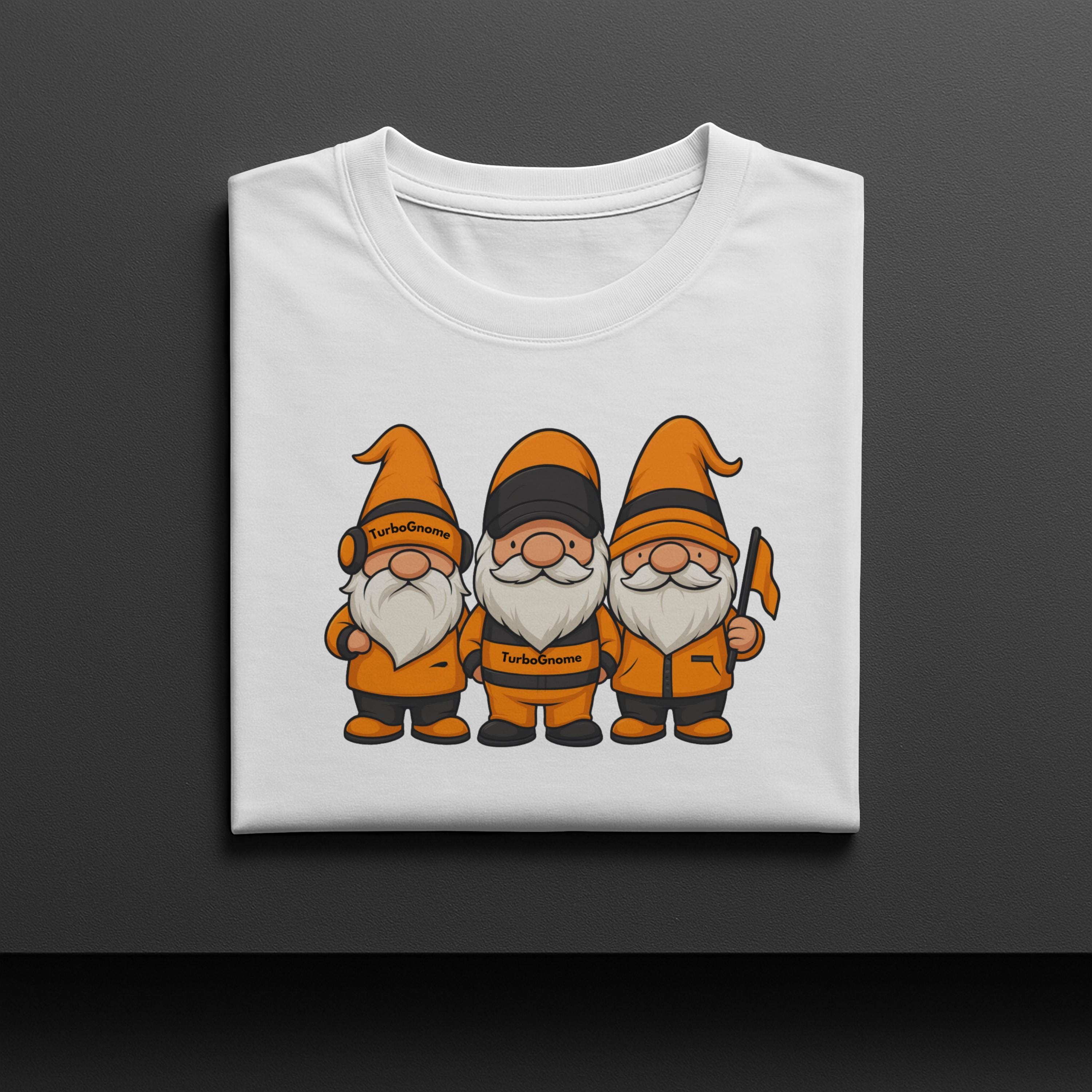 Orange and Black Racing Gnomes T-Shirt: Funny Formula Fan Apparel