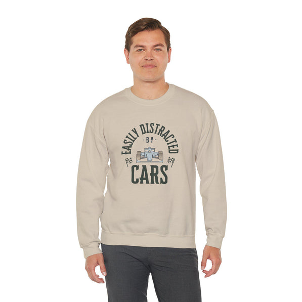 Easily Distracted by Cars Sweatshirt: Funny Racing Fan Apparel