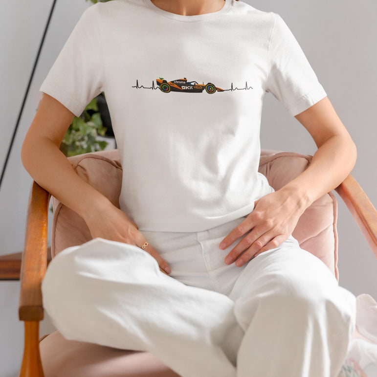 Orange Formula Racing Heartbeat T-Shirt: Papaya Racing Graphic, Motorsport Fan Apparel