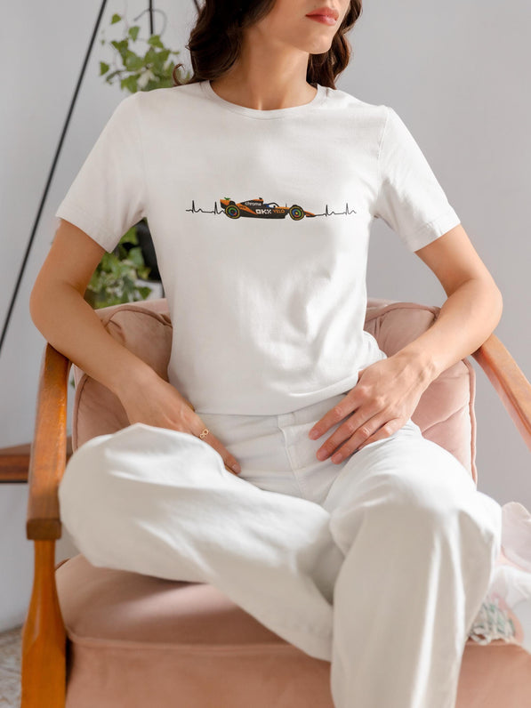Orange Formula Racing Heartbeat T-Shirt: Papaya Racing Graphic, Motorsport Fan Apparel