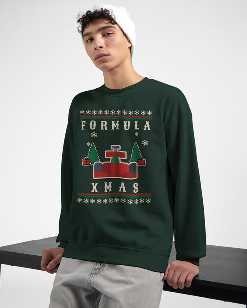 Person wearing a green 'Formula XMAS' sweater with a festive design.