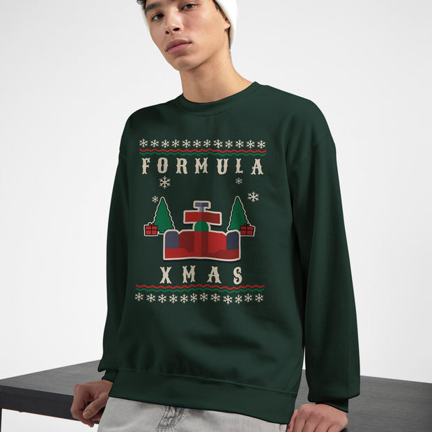 Person wearing a green 'Formula XMAS' sweater with a festive design.