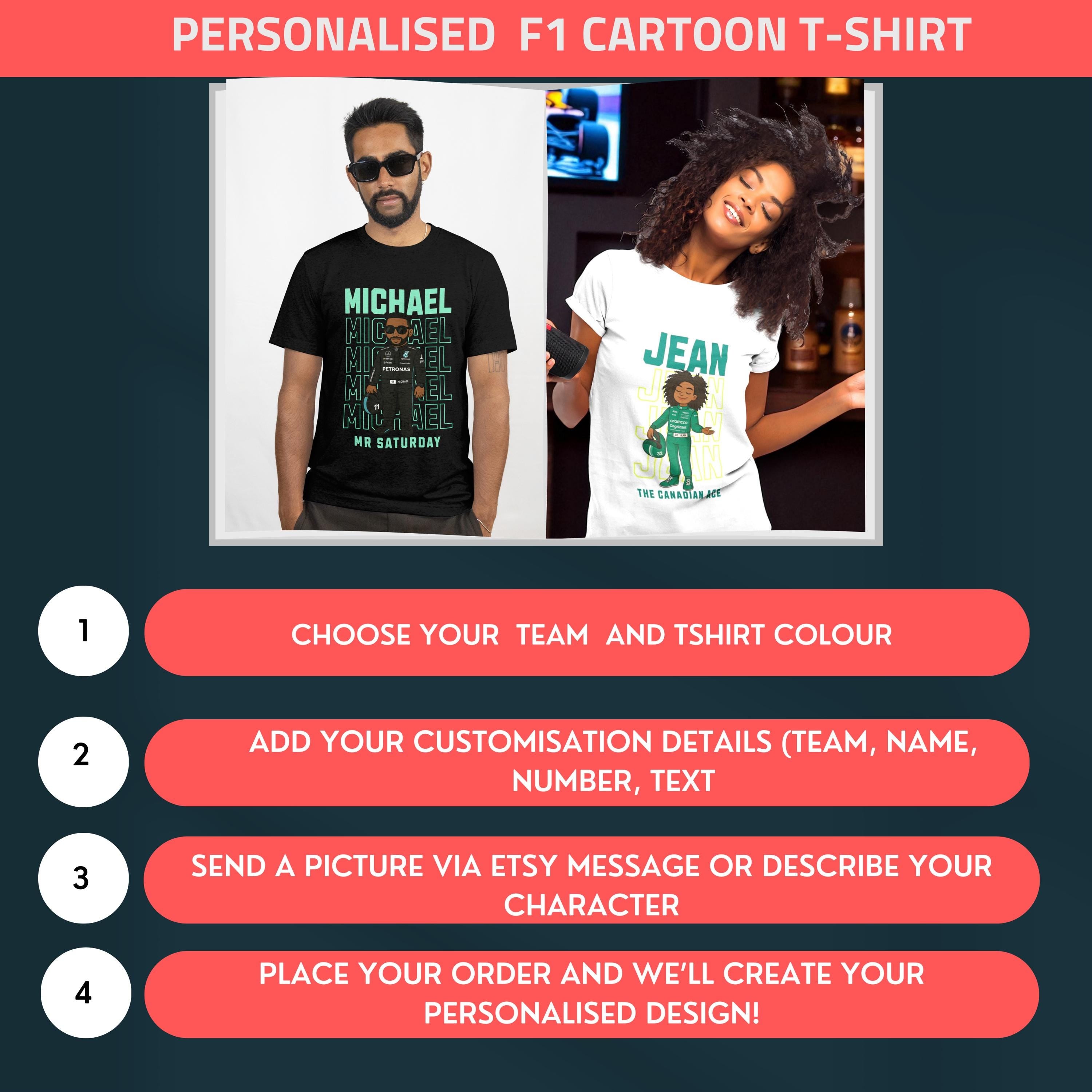 Personalized F1 Cartoon Driver T-Shirt: Custom Formula 1 Racing Gift