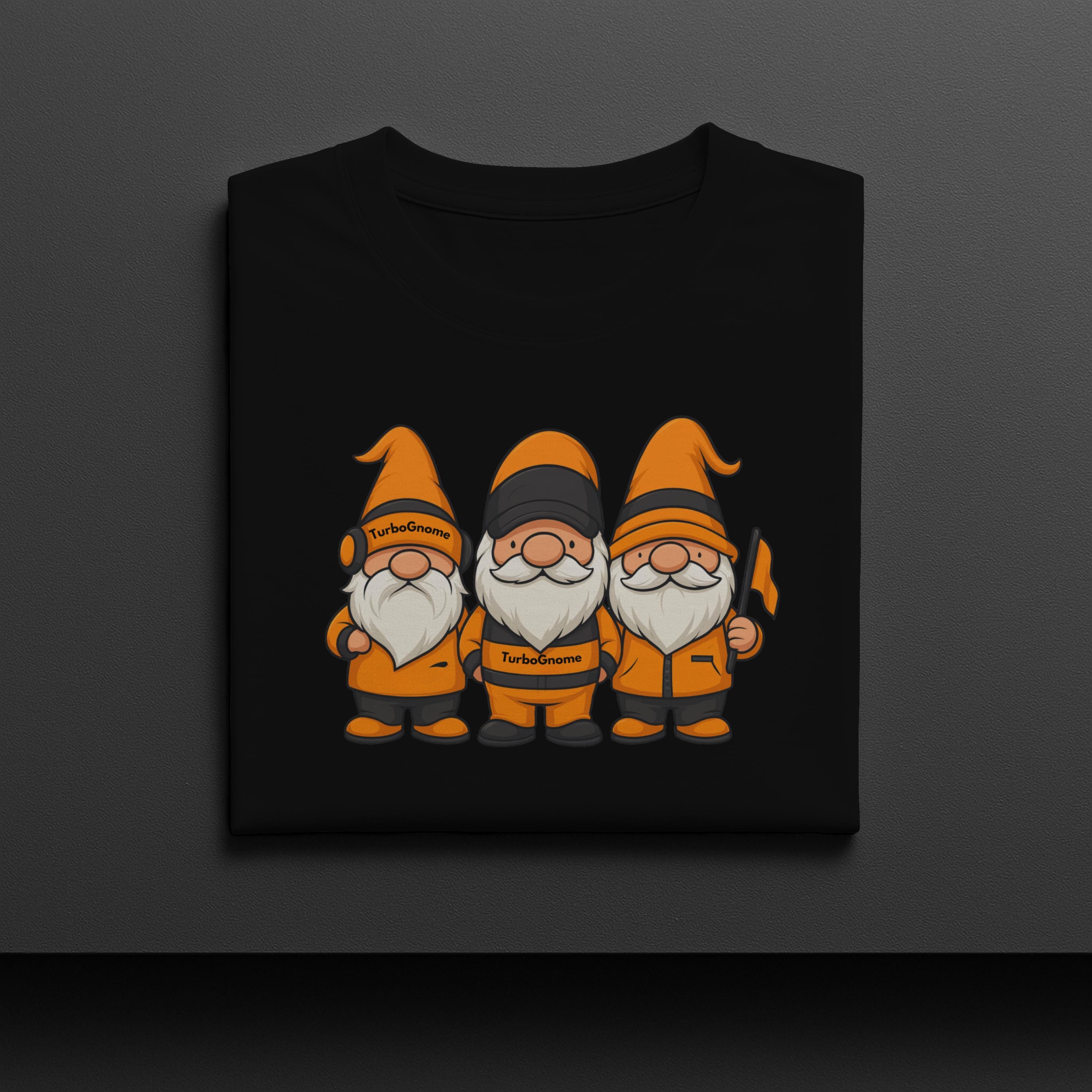Orange and Black Racing Gnomes T-Shirt: Funny Formula Fan Apparel