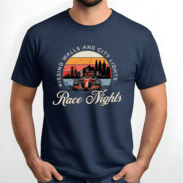 Navy blue formula racing t-shirt with race car graphic and text on a white background