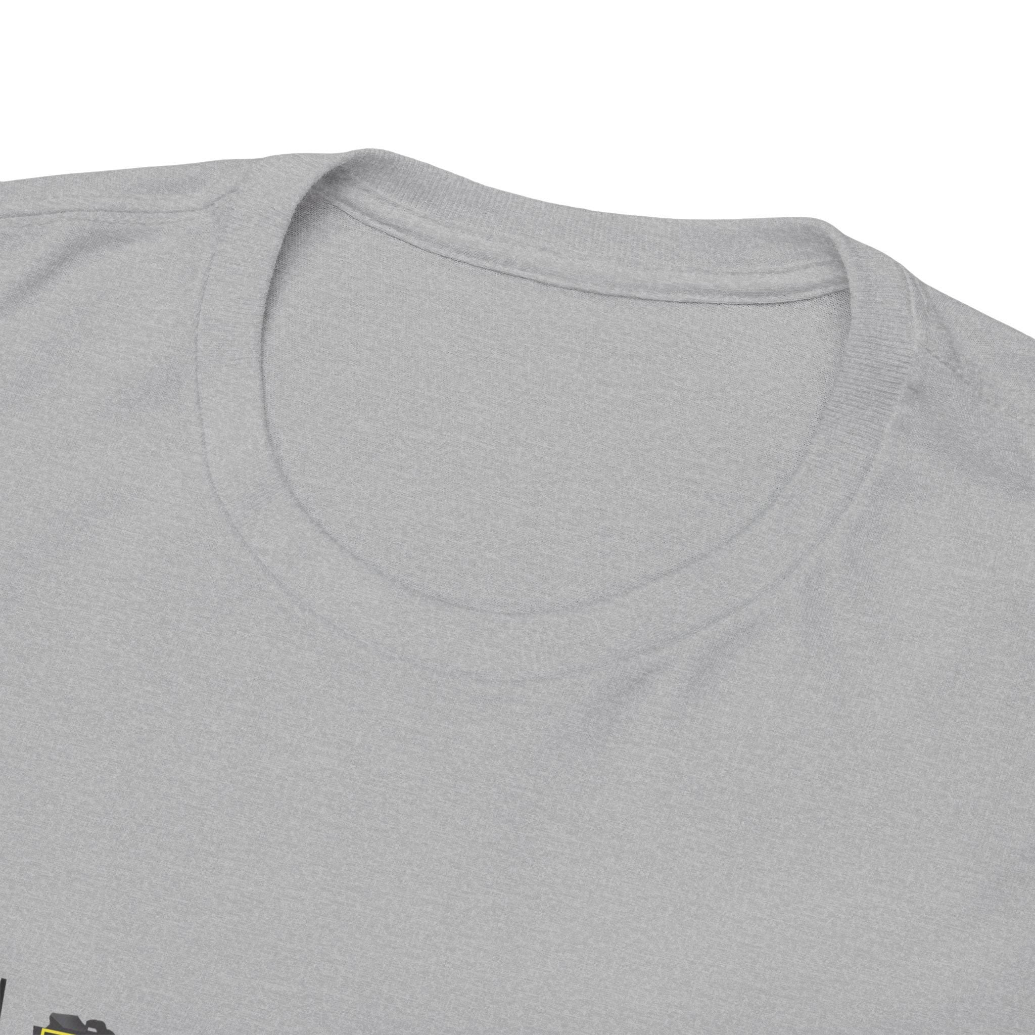 Close-up of a gray t-shirt with a focus on the neckline.
