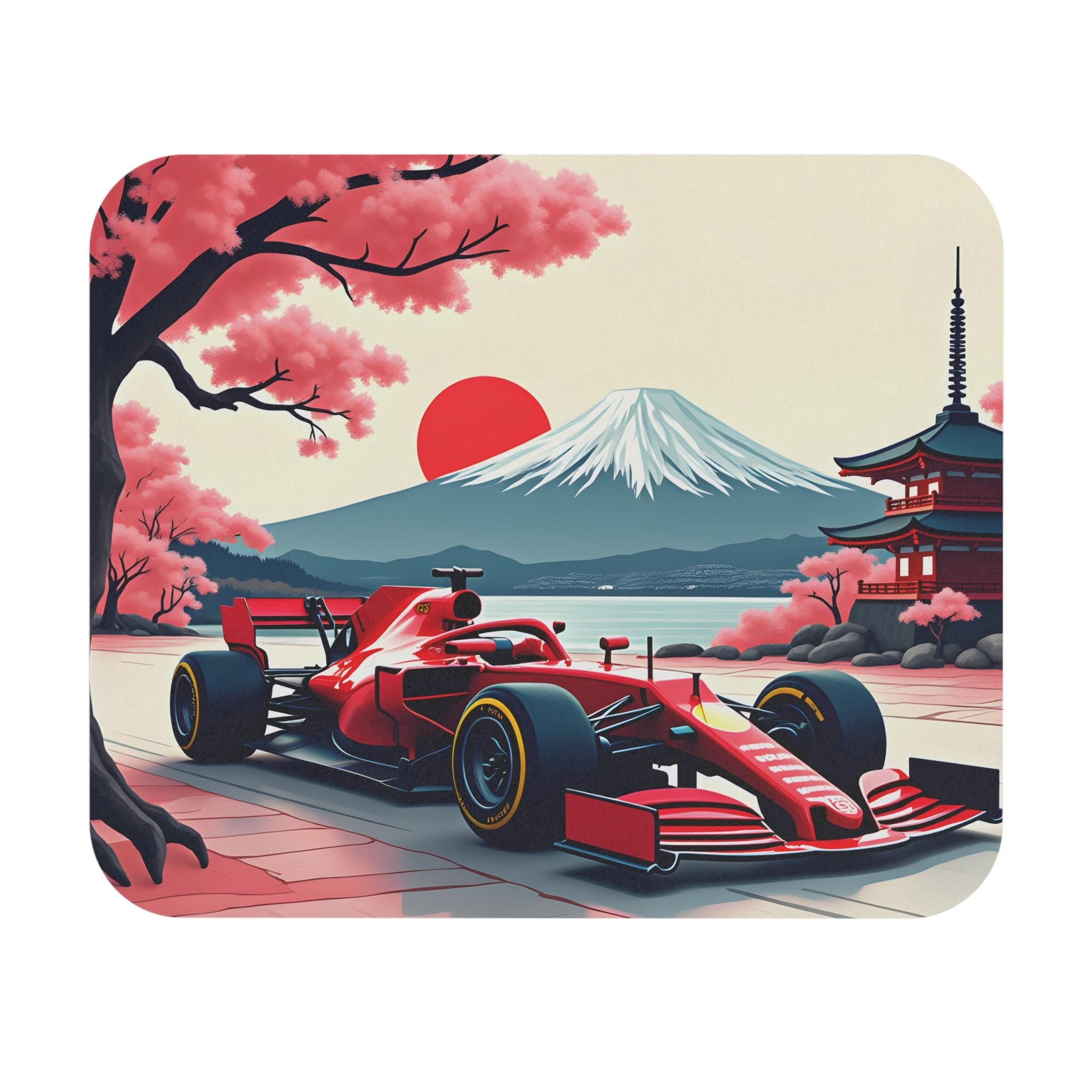A red Formula 1 race car driving on a track with a Japanese mountain and cherry blossom trees in the background.