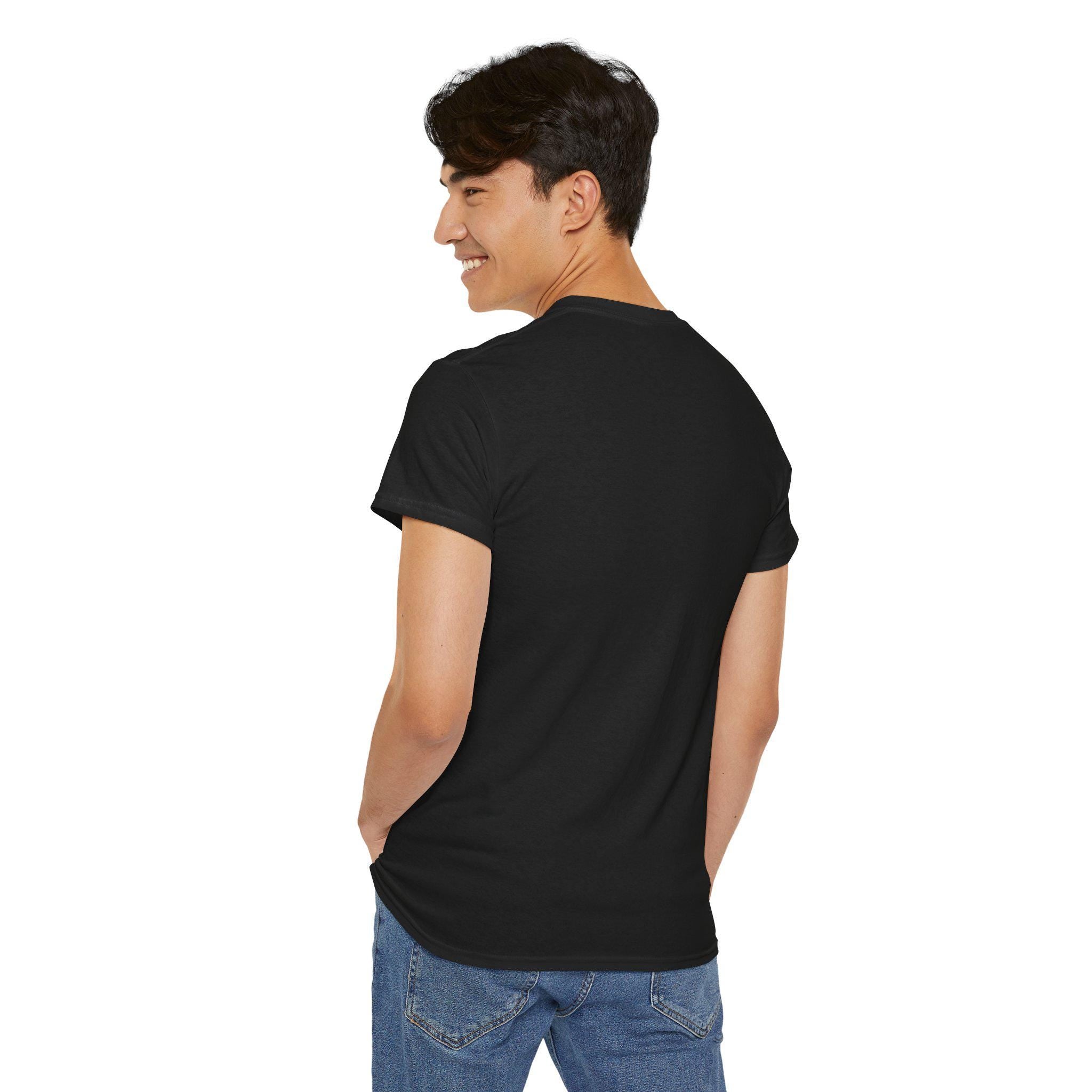 A black t-shirt with a crew neck and short sleeves. The t-shirt is made of a soft, comfortable fabric and has a relaxed fit.