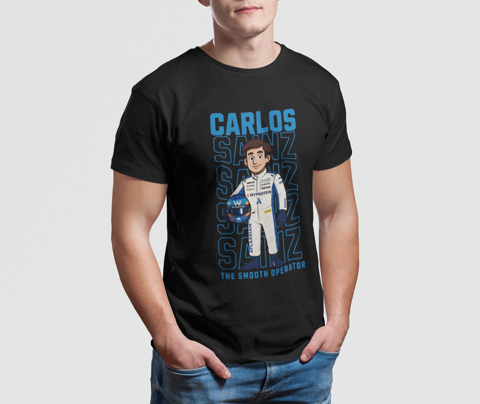 man wearing black tee, hands in pockets.
Man wearing a black Carlos Sainz Smooth Operator cartoon T-shirt featuring F1 driver illustration, Formula 1 fan apparel gift.