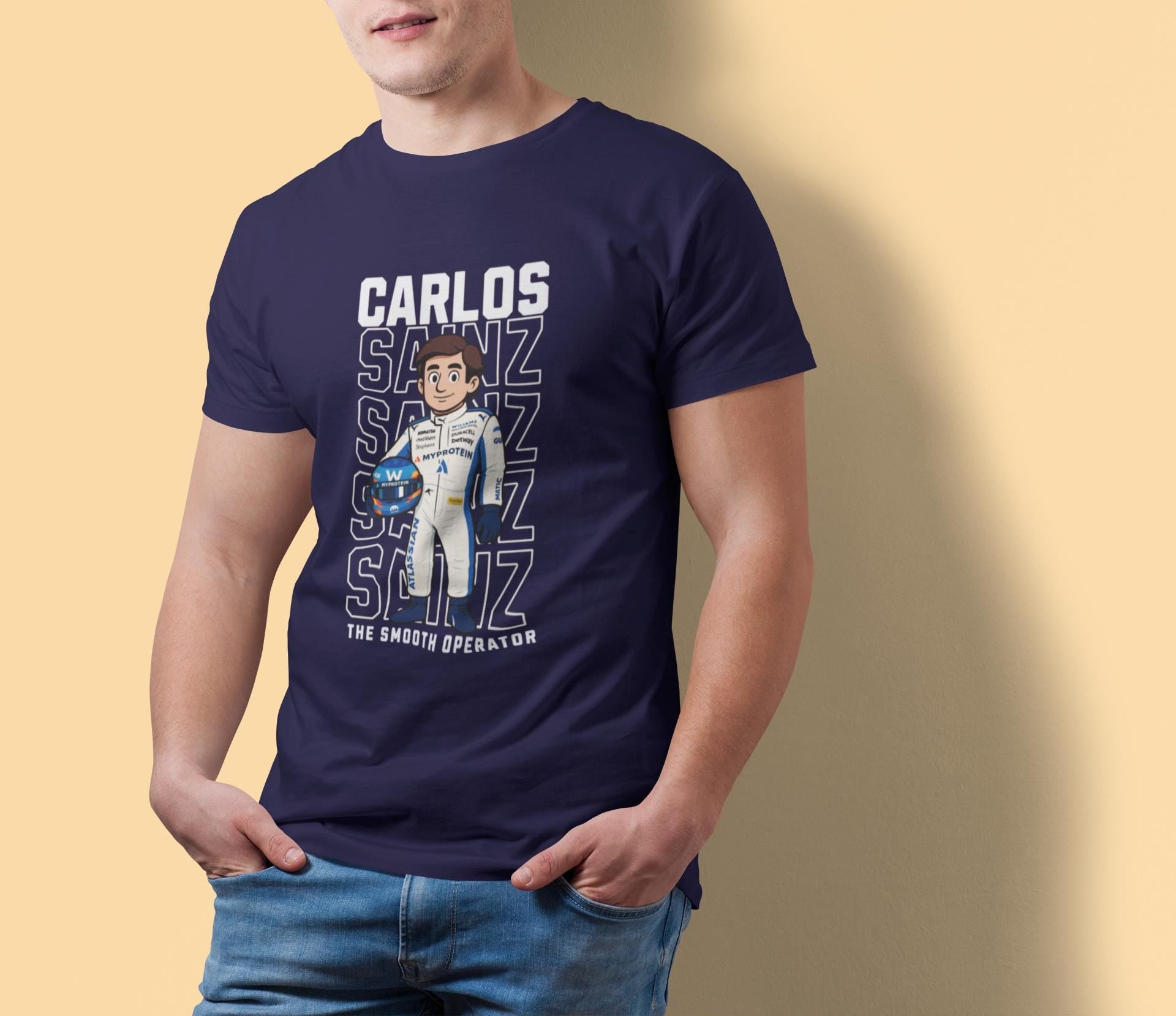 (man wearing navy blue tee, hands in pockets)
Carlos Sainz Smooth Operator navy blue cartoon T-shirt for Formula 1 Ferrari fans, casual race day outfit.