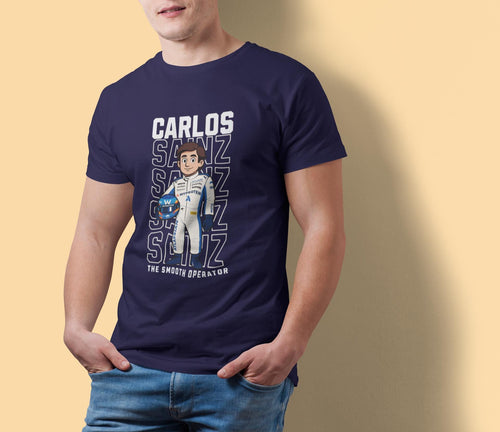 (man wearing navy blue tee, hands in pockets)
Carlos Sainz Smooth Operator navy blue cartoon T-shirt for Formula 1 Ferrari fans, casual race day outfit.
