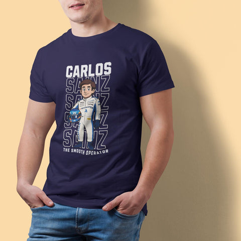 (man wearing navy blue tee, hands in pockets)
Carlos Sainz Smooth Operator navy blue cartoon T-shirt for Formula 1 Ferrari fans, casual race day outfit.