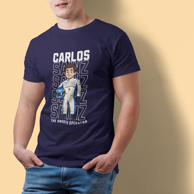 (man wearing navy blue tee, hands in pockets)
Carlos Sainz Smooth Operator navy blue cartoon T-shirt for Formula 1 Ferrari fans, casual race day outfit.