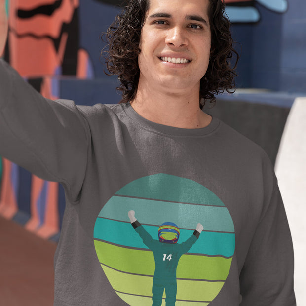 A gray sweatshirt with a circular graphic of Fernando Alonso in a racing suit with the number 14 on the front, raising their arms in celebration against a green, yellow, and blue striped background.
