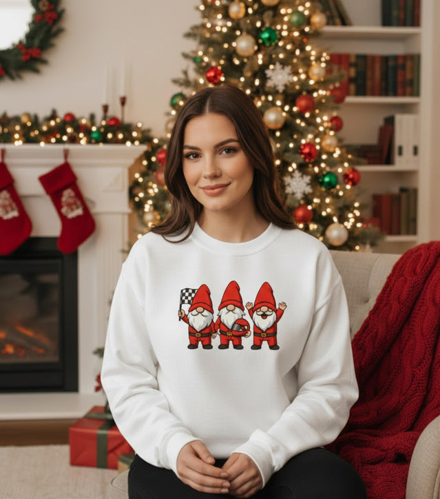 Racing Gnomes Christmas Sweatshirt | Cute Race Fan Holiday Crewneck | Funny Motorsports Shirt | Winter Racing Gift | Cozy Holiday Tee