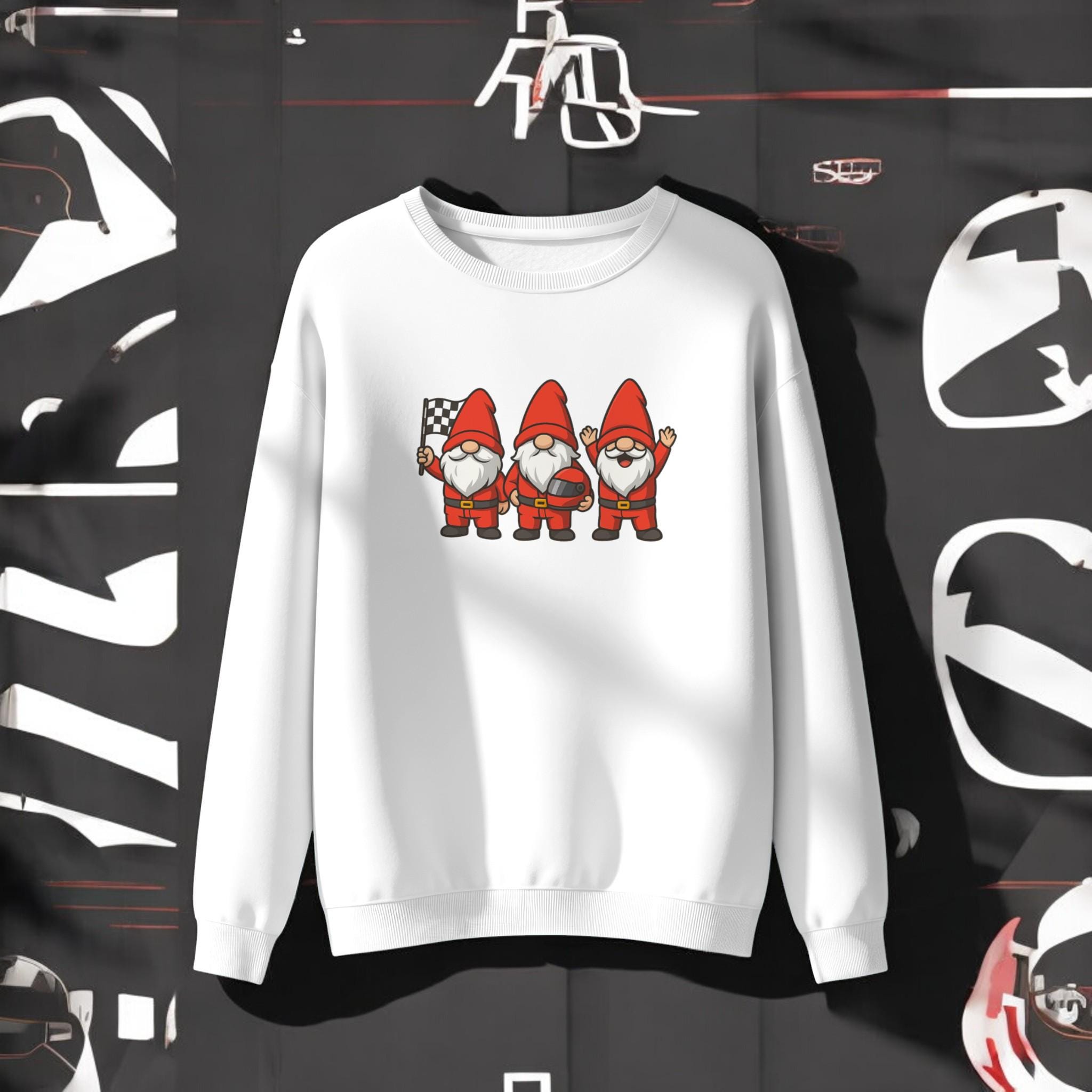 Racing Gnomes Christmas Sweatshirt | Cute Race Fan Holiday Crewneck | Funny Motorsports Shirt | Winter Racing Gift | Cozy Holiday Tee