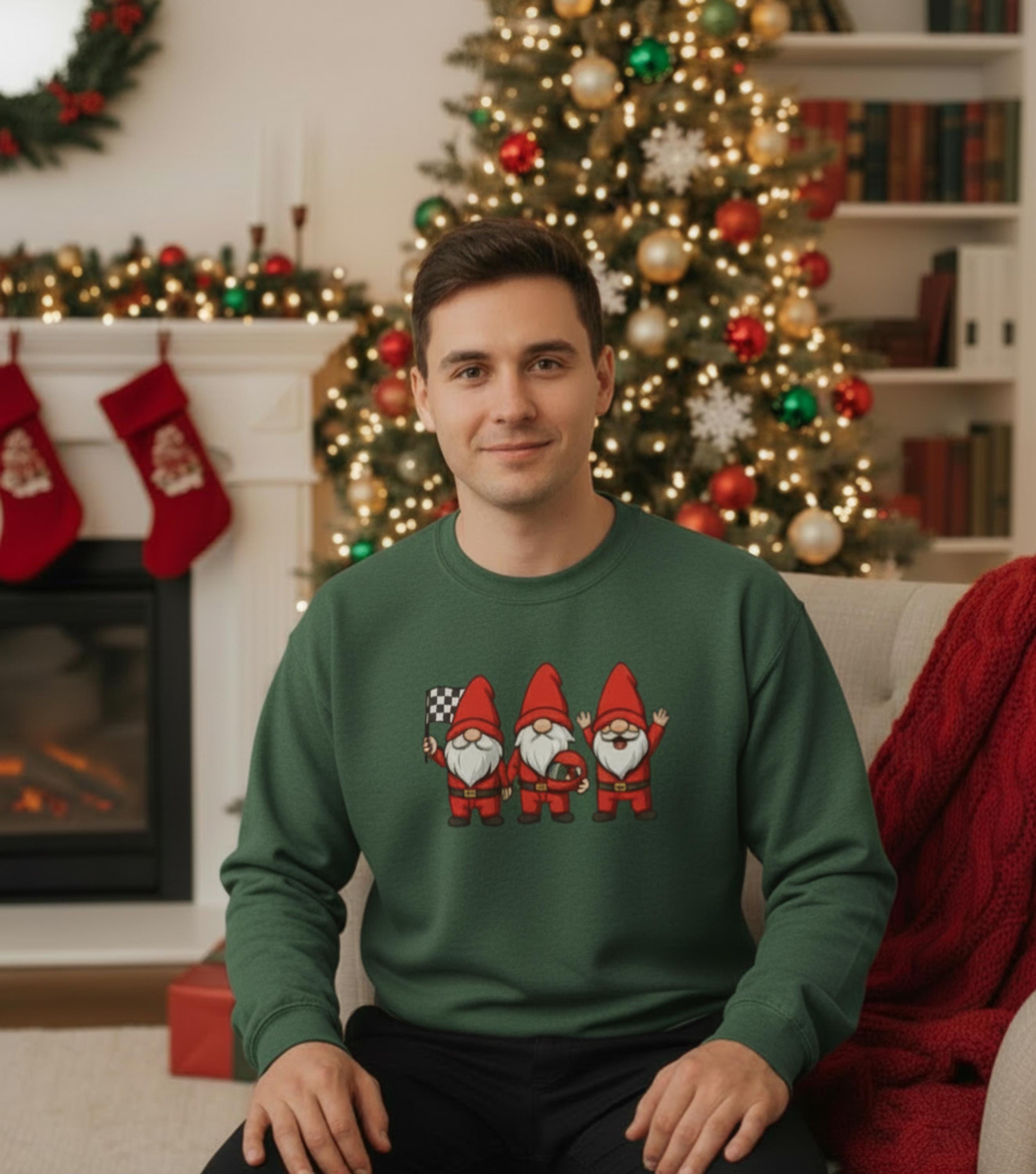 Racing Gnomes Christmas Sweatshirt | Cute Race Fan Holiday Crewneck | Funny Motorsports Shirt | Winter Racing Gift | Cozy Holiday Tee