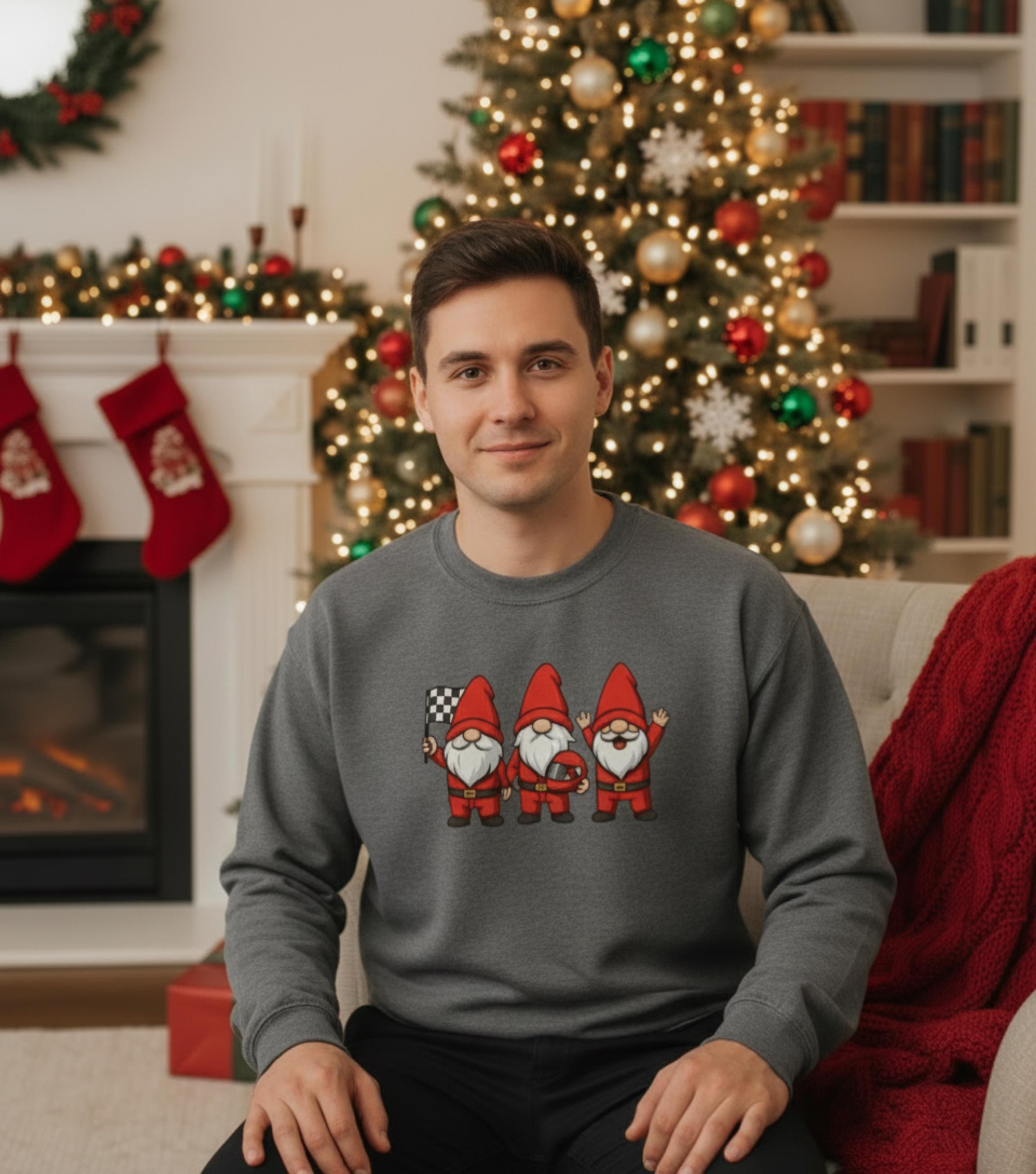 Racing Gnomes Christmas Sweatshirt | Cute Race Fan Holiday Crewneck | Funny Motorsports Shirt | Winter Racing Gift | Cozy Holiday Tee