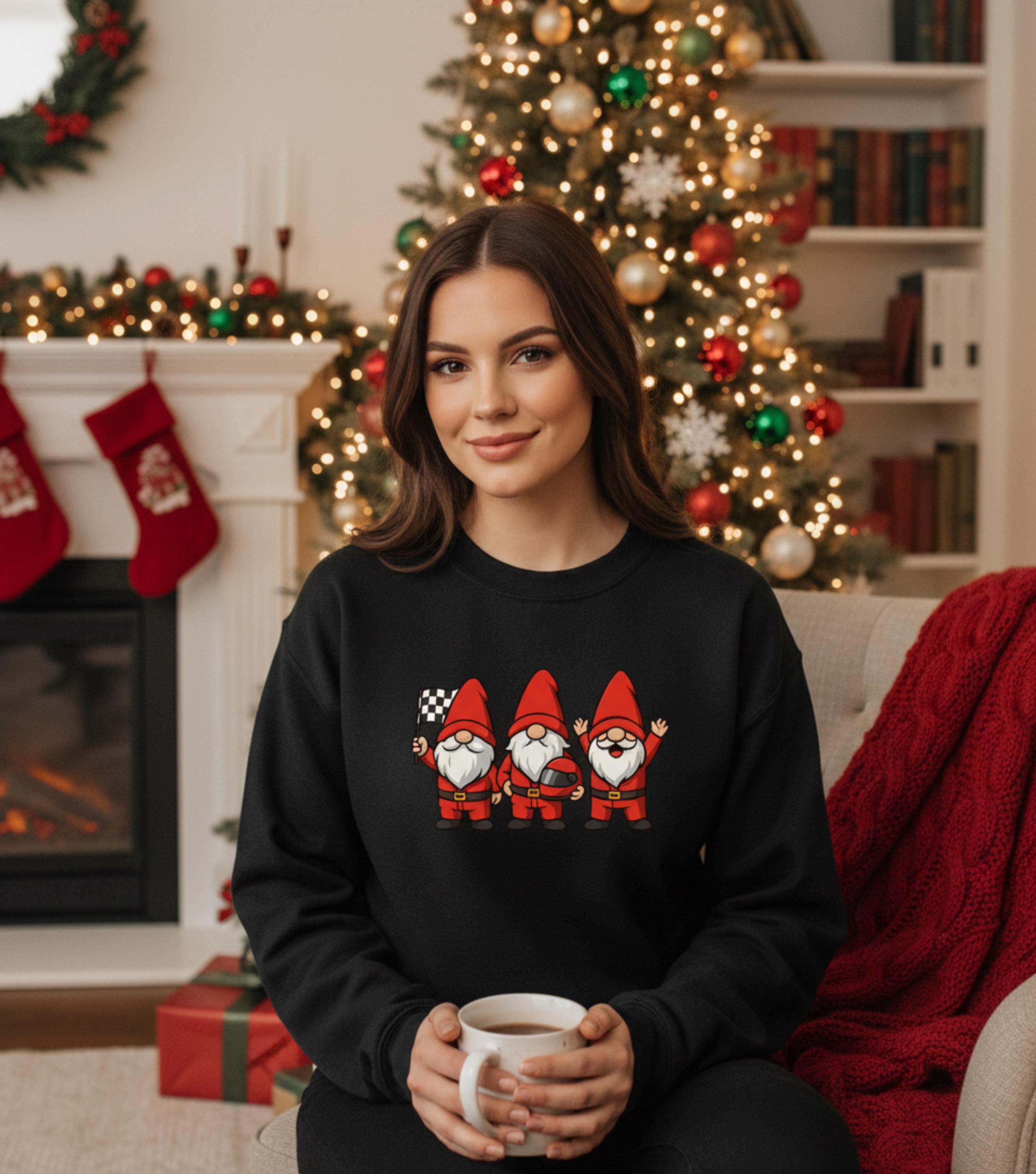 Racing Gnomes Christmas Sweatshirt | Cute Race Fan Holiday Crewneck | Funny Motorsports Shirt | Winter Racing Gift | Cozy Holiday Tee