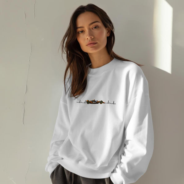 Orange Formula Racing Heartbeat Sweatshirt: Papaya Racing Graphic, Motorsport Fan Apparel