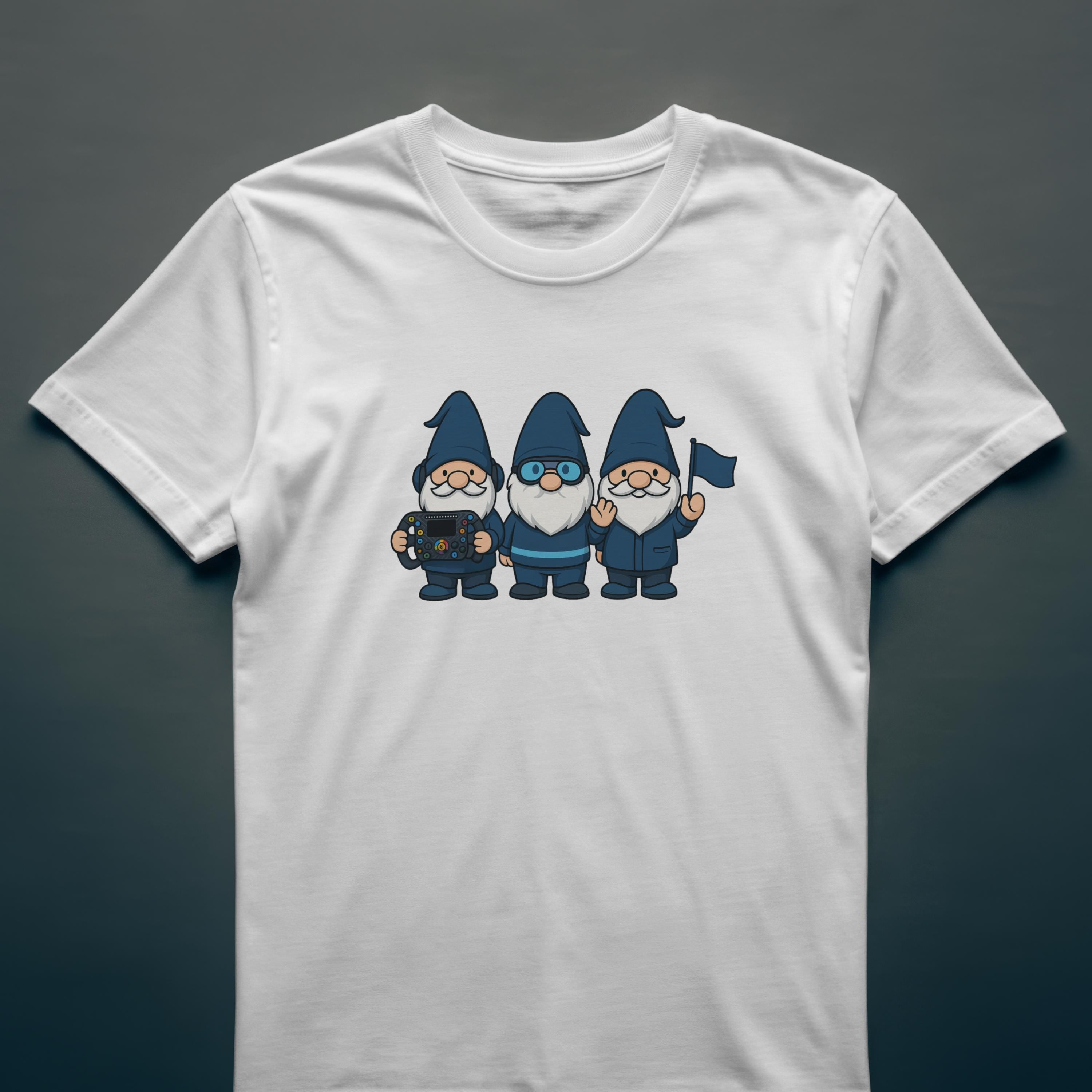Blue Pit Crew Gnome Shirt, Racing Engineer Cartoon Tee, F1 Fan Gift, Grand Prix Weekend Outfit, Cute Trackside Apparel, Unisex Graphic Top