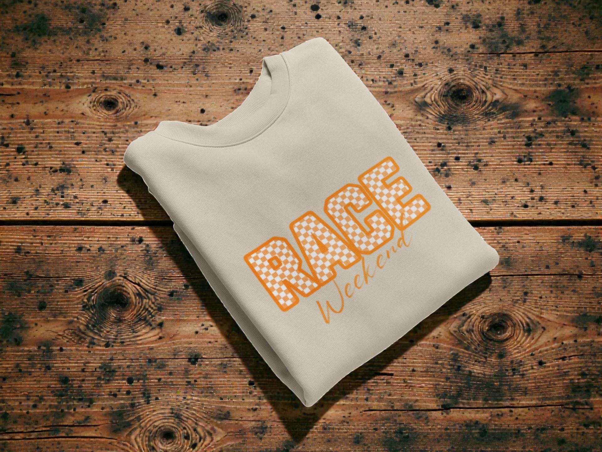 Papaya Race Weekend Sweatshirt, Checkered Racing Crewneck, Motorsport Fan Pullover, Papaya Orange Racing Jumper, Custom Sleeve Number.