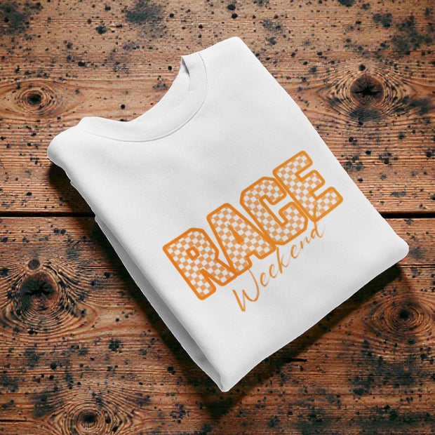 Papaya Race Weekend Sweatshirt, Checkered Racing Crewneck, Motorsport Fan Pullover, Papaya Orange Racing Jumper, Custom Sleeve Number.