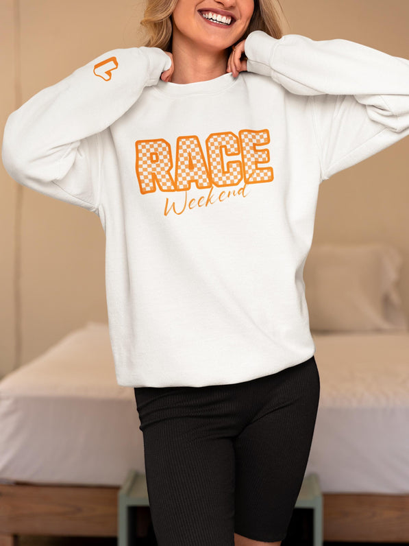 Papaya Race Weekend Sweatshirt, Checkered Racing Crewneck, Motorsport Fan Pullover, Papaya Orange Racing Jumper, Custom Sleeve Number.