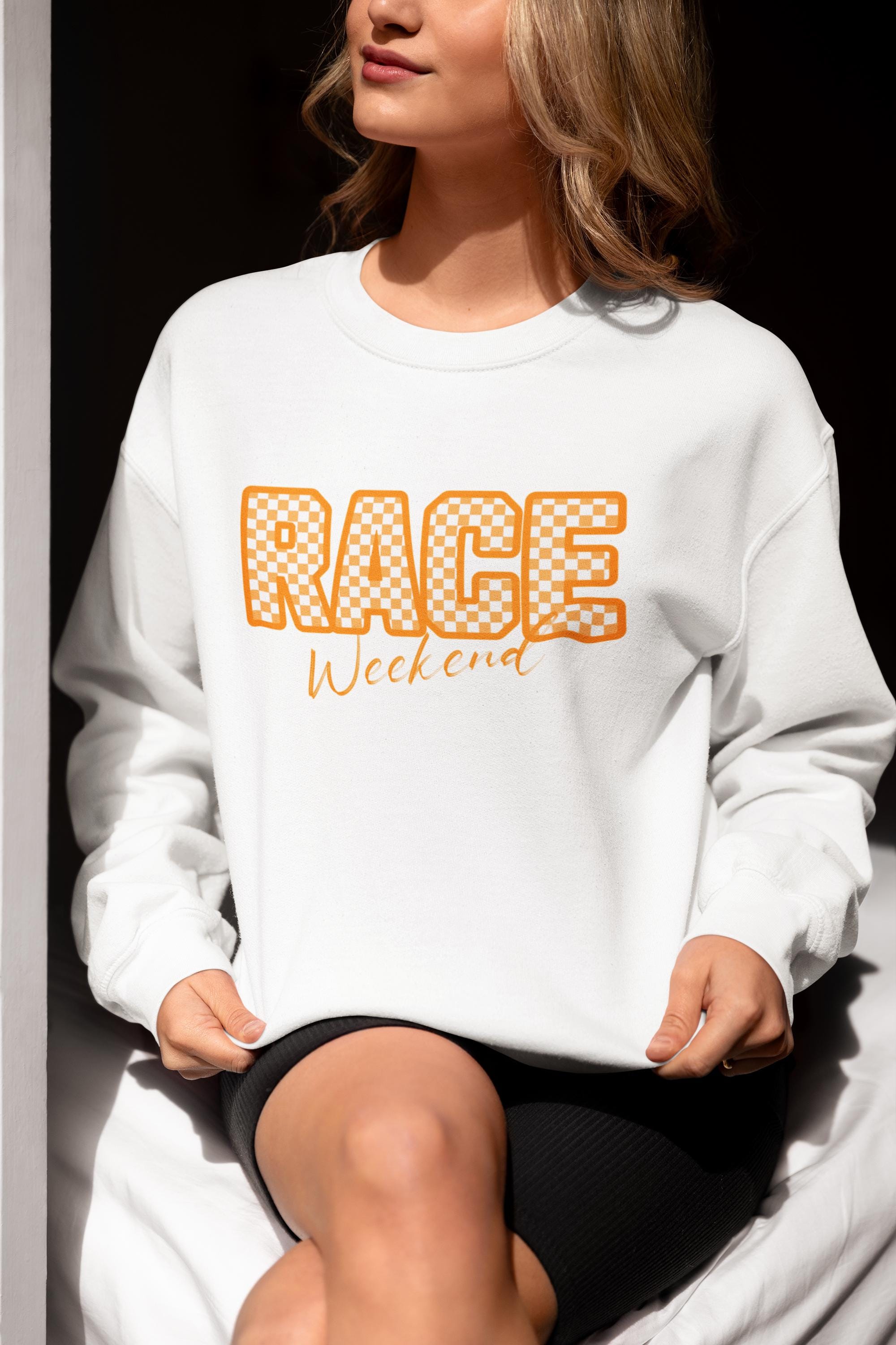Papaya Race Weekend Sweatshirt, Checkered Racing Crewneck, Motorsport Fan Pullover, Papaya Orange Racing Jumper, Custom Sleeve Number.